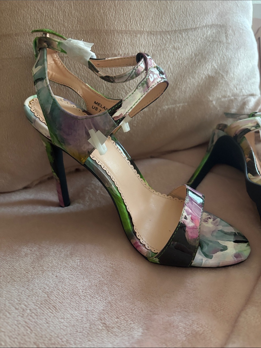 Madison Floral Print Strappy High Heels in Green and Purple